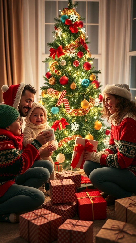 A family in festive attire around a Christmas tree with lights and gifts.